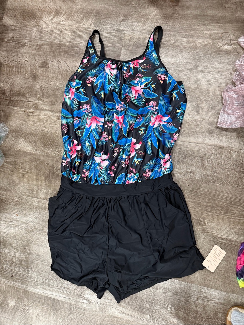 Floral Tank One-Piece Swimsuit with Shorts - Black & Blue